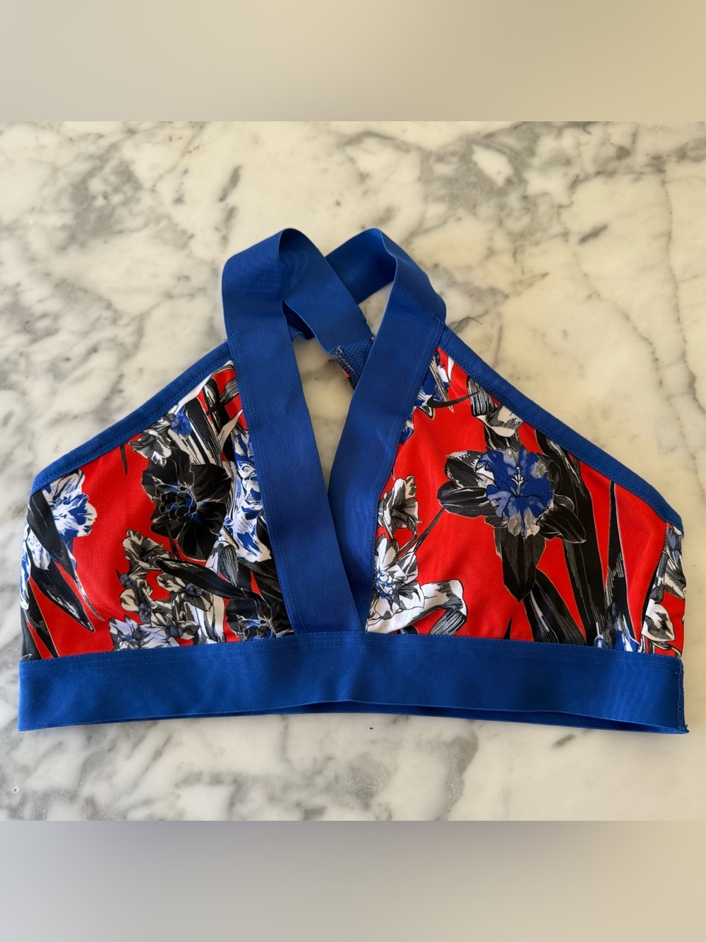 Nike Red Floral Indy Light Sports Bra with Blue Trim